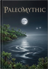 The cover
        of Paleomythic.  The moon shines down on dark water; there is a swirl
        of ripples on its trail of light; palm trees stand in the foreground
        and on a headland visible on the left.  On the right, a little above
        the horizon, are two points of light.
